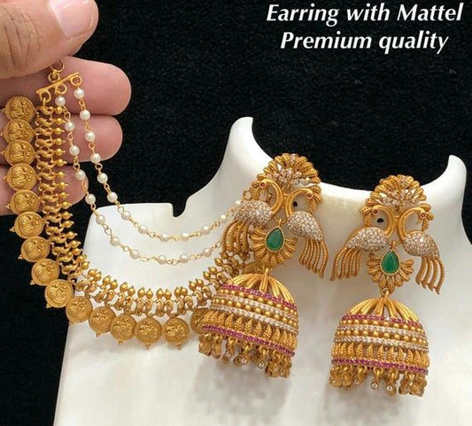 Indian Gold Plated Jhumka Earrings Ear Chain Matt Finish